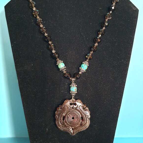 Impressive Vintage 925 Silver Natural Brown Jade Double Phoenix Amulet Necklace - Picture 10 of 12